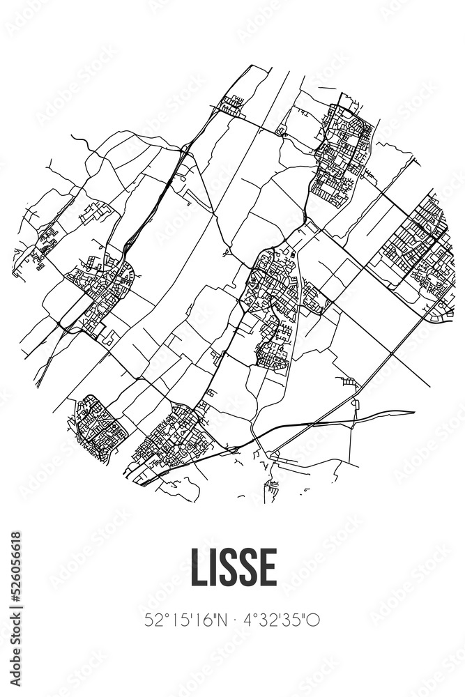 Abstract street map of Lisse located in Zuid-Holland municipality of Lisse. City map with lines