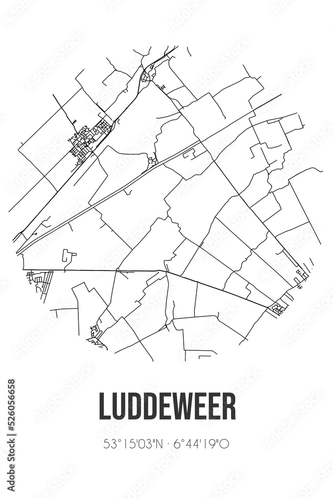 Abstract street map of Luddeweer located in Groningen municipality of Midden-Groningen. City map with lines