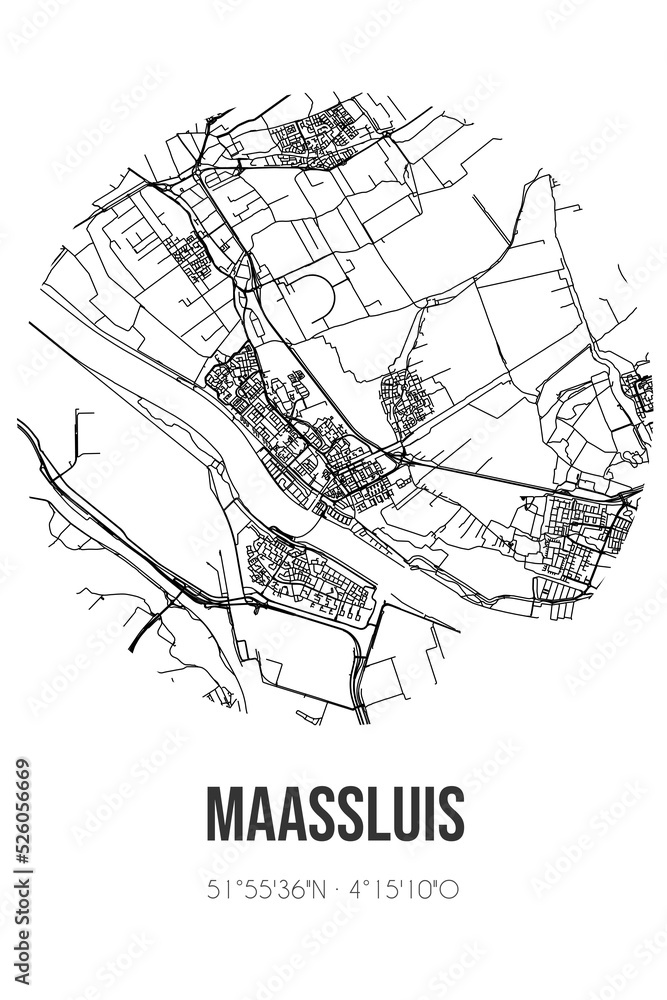 Abstract street map of Maassluis located in Zuid-Holland municipality of Maassluis. City map with lines