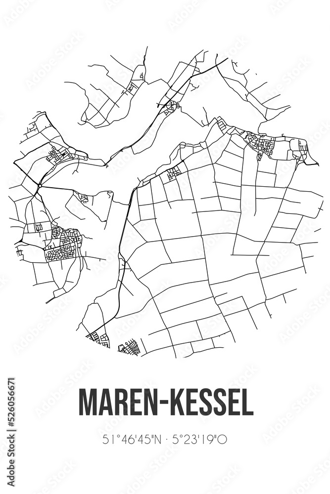 Abstract street map of Maren-Kessel located in Noord-Brabant municipality of Oss. City map with lines