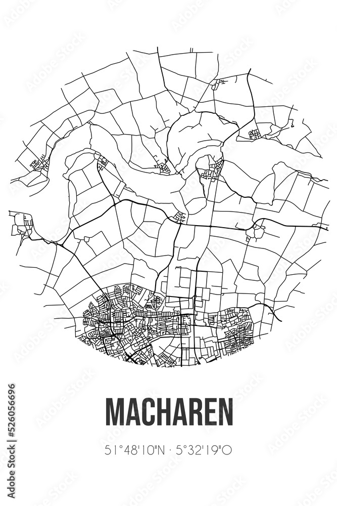 Abstract street map of Macharen located in Noord-Brabant municipality of Oss. City map with lines