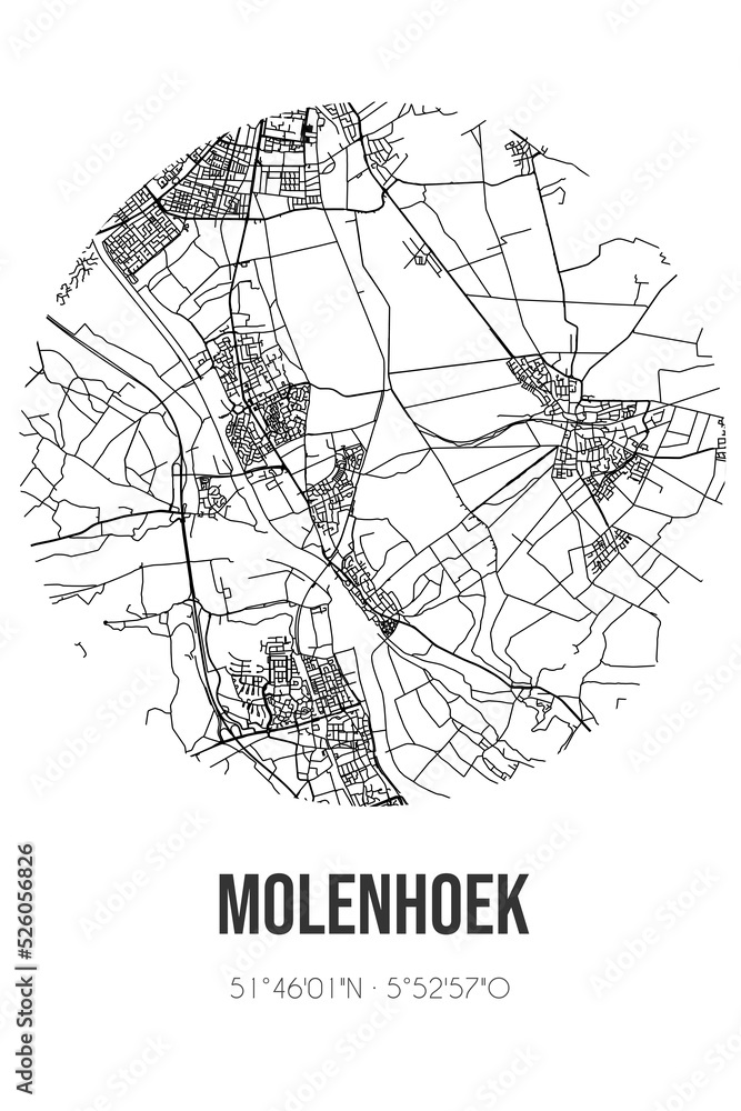 Abstract street map of Molenhoek located in Limburg municipality of Mook en Middelaar. City map with lines