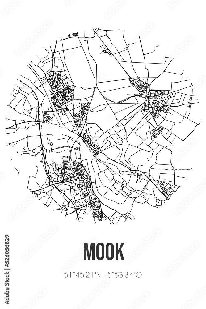 Abstract street map of Mook located in Limburg municipality of Mook en Middelaar. City map with lines