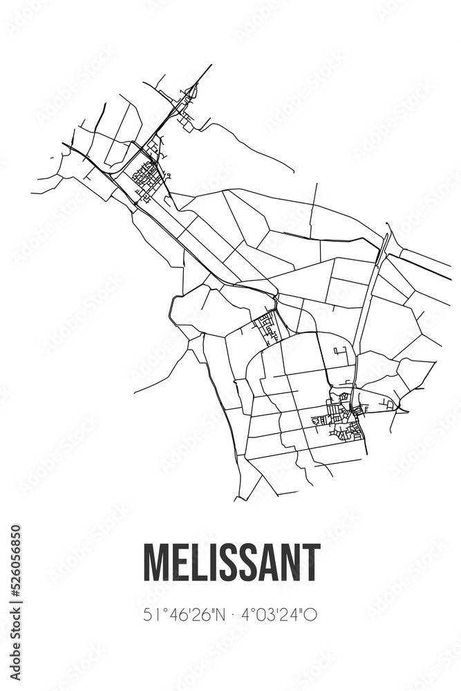 Abstract street map of Melissant located in Zuid-Holland municipality of Goeree-Overflakkee. City map with lines