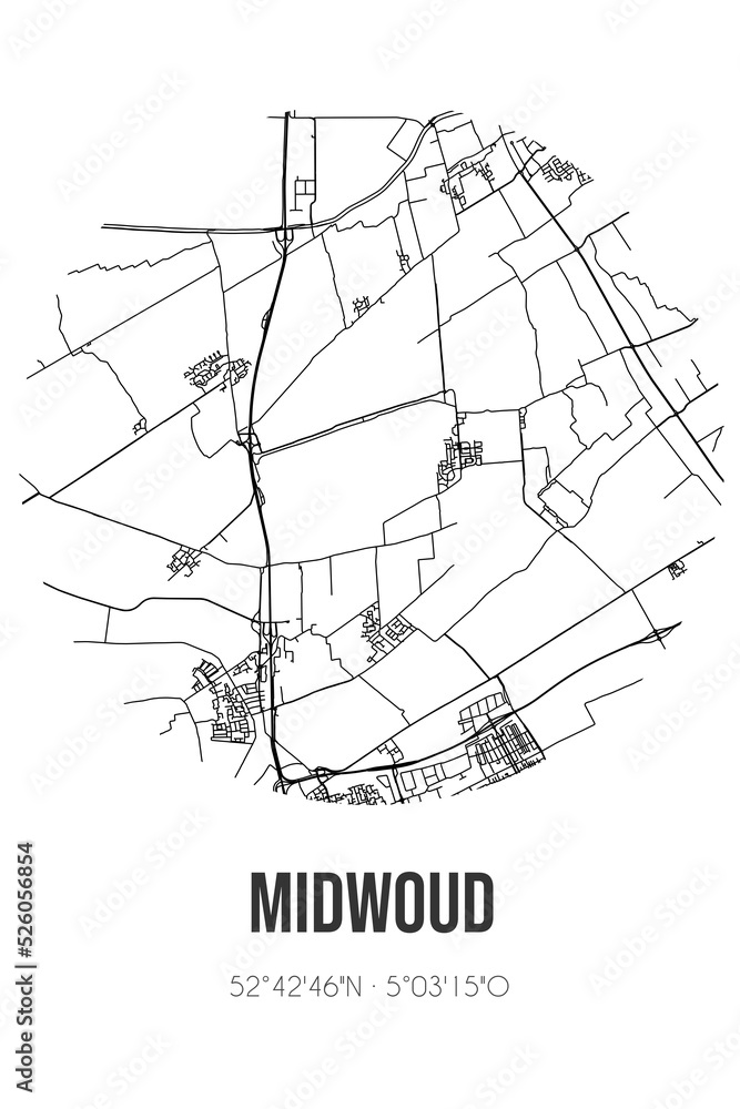 Abstract street map of Midwoud located in Noord-Holland municipality of Medemblik. City map with lines