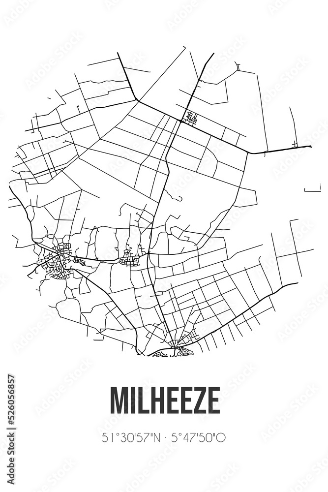 Abstract street map of Milheeze located in Noord-Brabant municipality of Gemert-Bakel. City map with lines