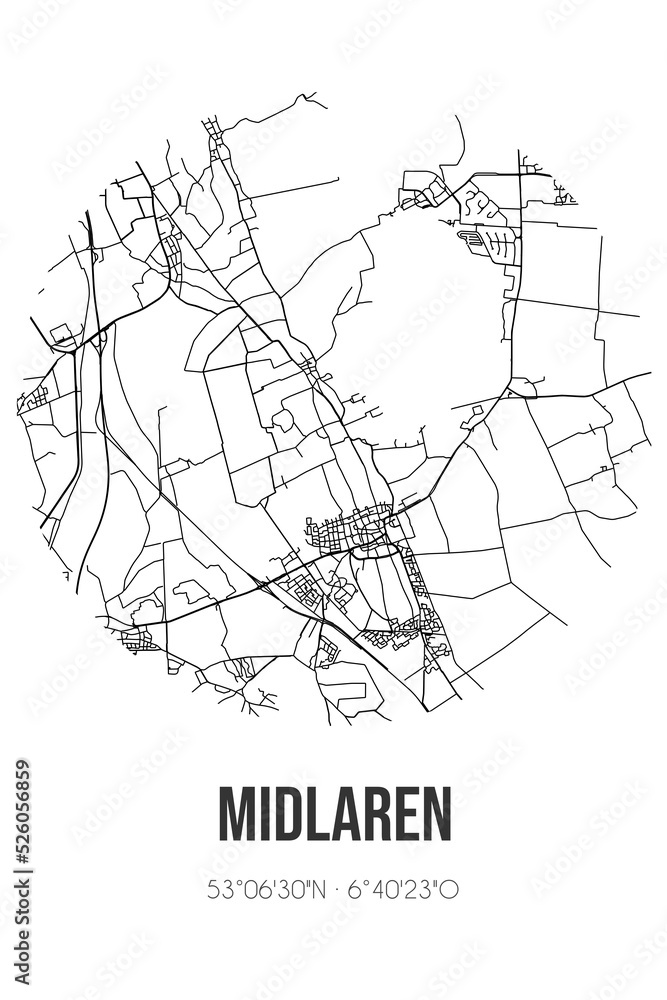 Abstract street map of Midlaren located in Drenthe municipality of Tynaarlo. City map with lines