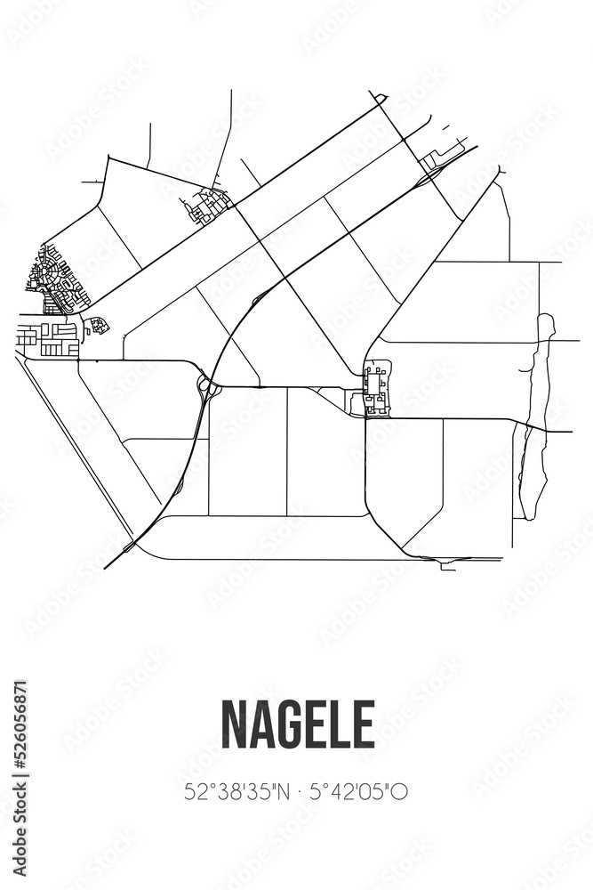 Abstract street map of Nagele located in Flevoland municipality of Noordoostpolder. City map with lines