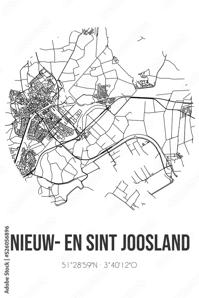 Abstract street map of Nieuw- en Sint Joosland located in Zeeland municipality of Middelburg. City map with lines