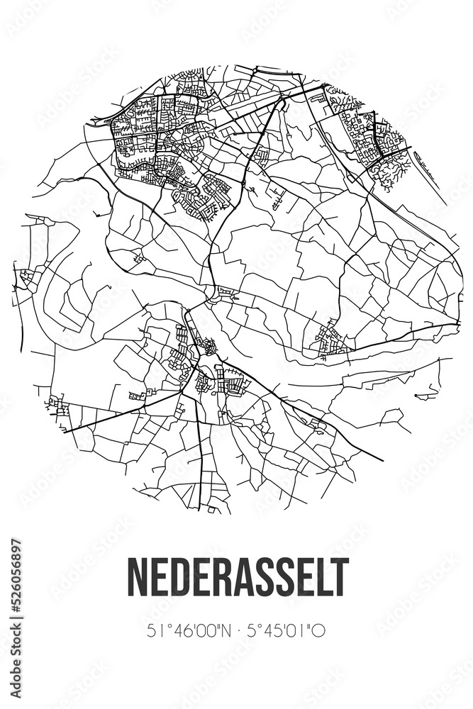 Abstract street map of Nederasselt located in Gelderland municipality of Heumen. City map with lines