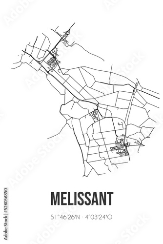 Abstract street map of Melissant located in Zuid-Holland municipality of Goeree-Overflakkee. City map with lines