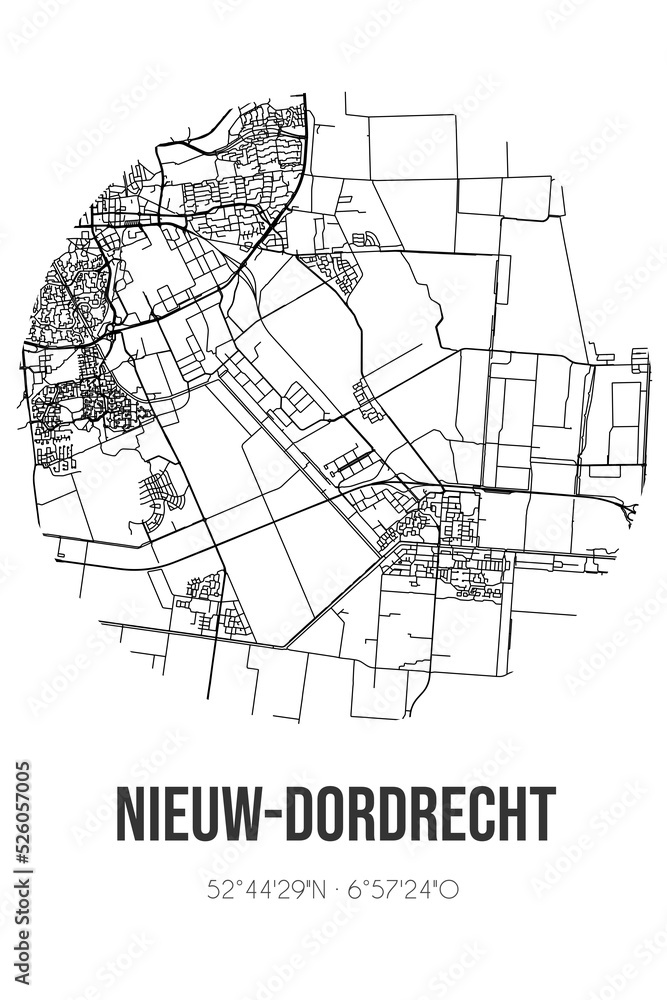 Abstract street map of Nieuw-Dordrecht located in Drenthe municipality of Emmen. City map with lines