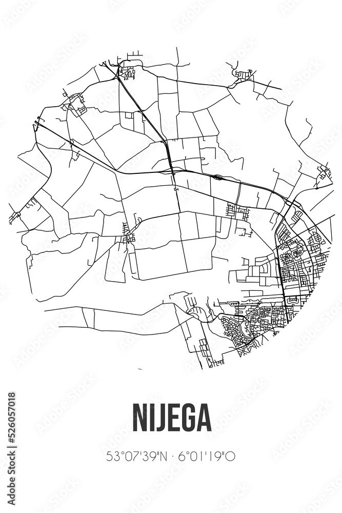 Abstract street map of Nijega located in Fryslan municipality of Smallingerland. City map with lines