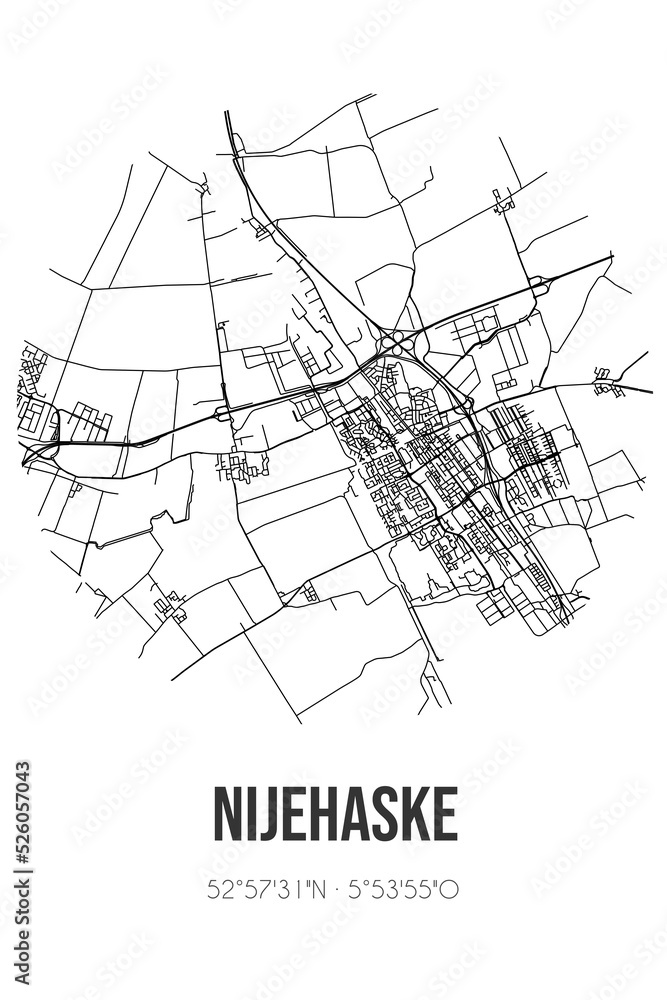 Abstract street map of Nijehaske located in Fryslan municipality of De Fryske Marren. City map with lines Abstract street map of Nijehaske located in Fryslan municipality of De Fryske Marren. City map with lines