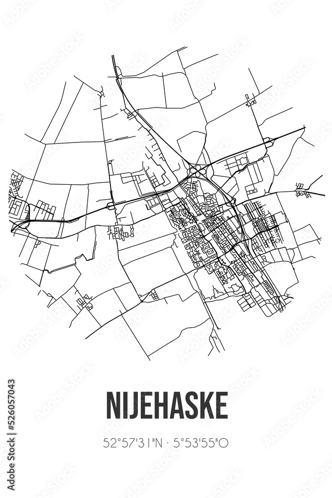 Abstract street map of Nijehaske located in Fryslan municipality of De Fryske Marren. City map with lines