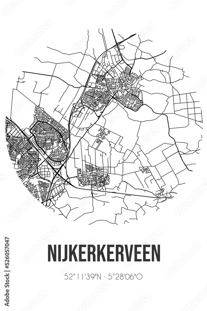 Abstract street map of Nijkerkerveen located in Gelderland municipality of Nijkerk. City map with lines