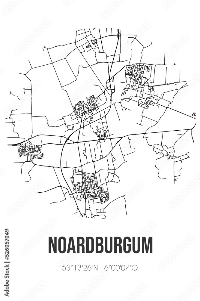 Abstract street map of Noardburgum located in Fryslan municipality of Tytsjerksteradiel. City map with lines