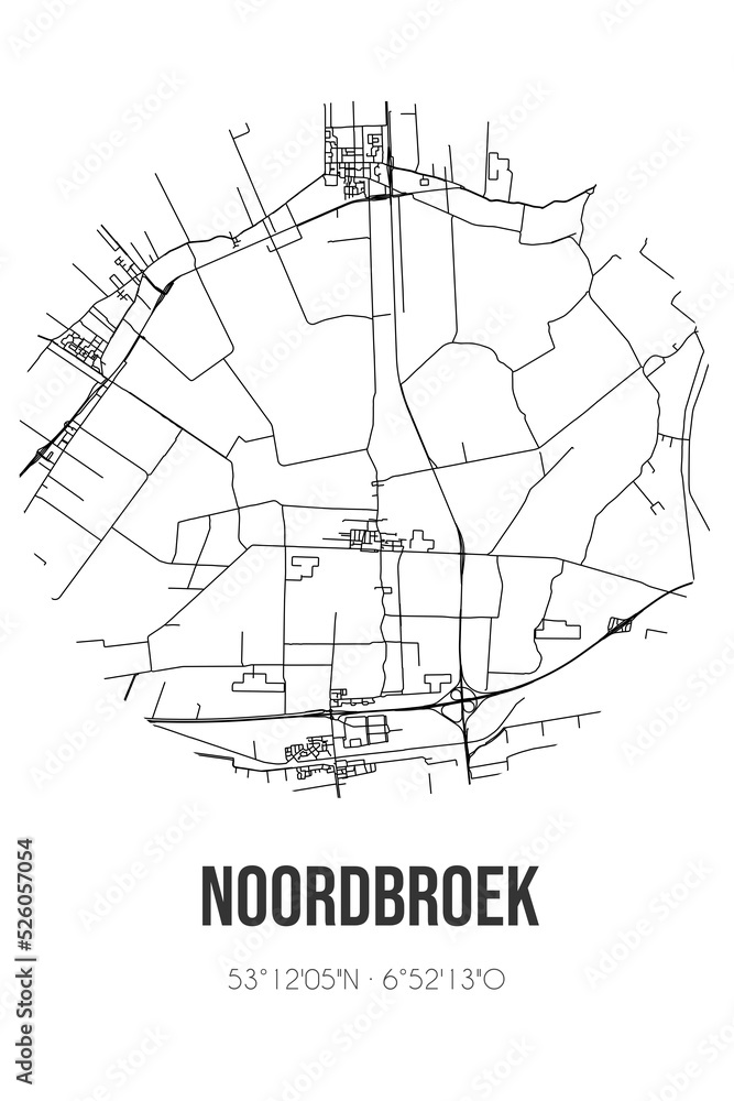 Abstract street map of Noordbroek located in Groningen municipality of Midden-Groningen. City map with lines