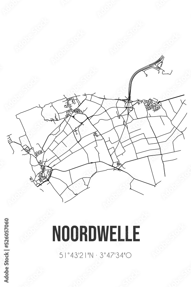 Abstract street map of Noordwelle located in Zeeland municipality of Schouwen-Duiveland. City map with lines