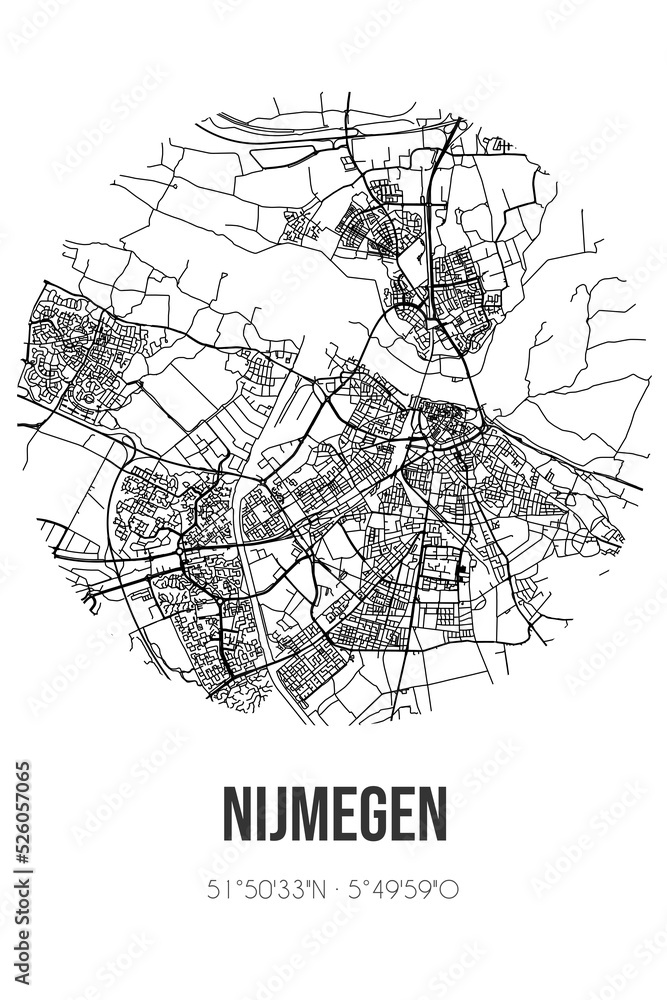 Abstract street map of Nijmegen located in Gelderland municipality of Nijmegen. City map with lines