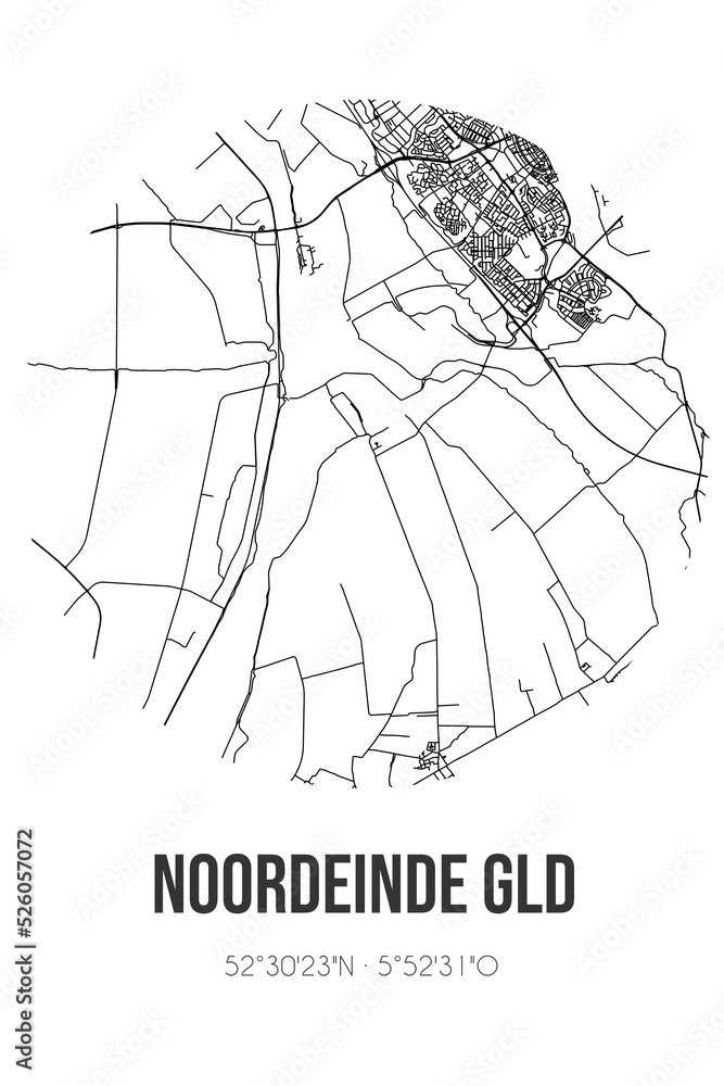 Abstract street map of Noordeinde Gld located in Gelderland municipality of Oldebroek. City map with lines