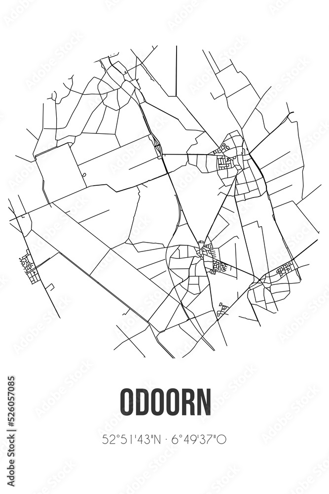 Abstract street map of Odoorn located in Drenthe municipality of Borger-Odoorn. City map with lines