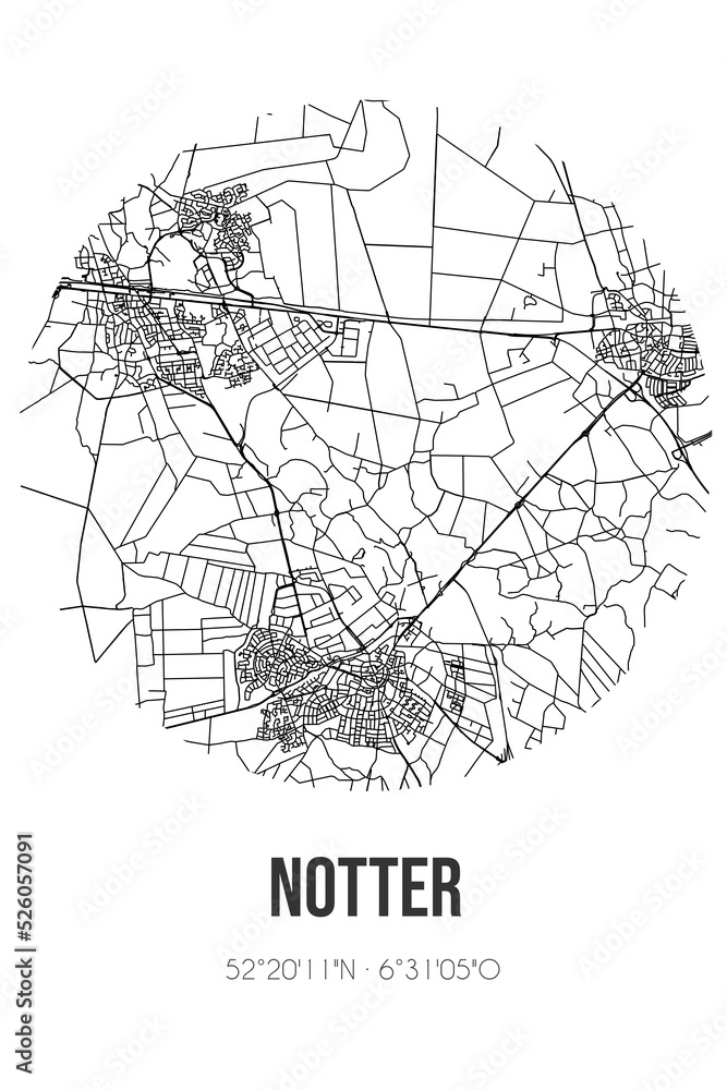 Abstract street map of Notter located in Overijssel municipality of Wierden. City map with lines
