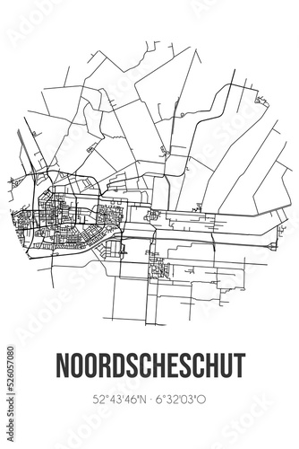 Abstract street map of Noordscheschut located in Drenthe municipality of Hoogeveen. City map with lines