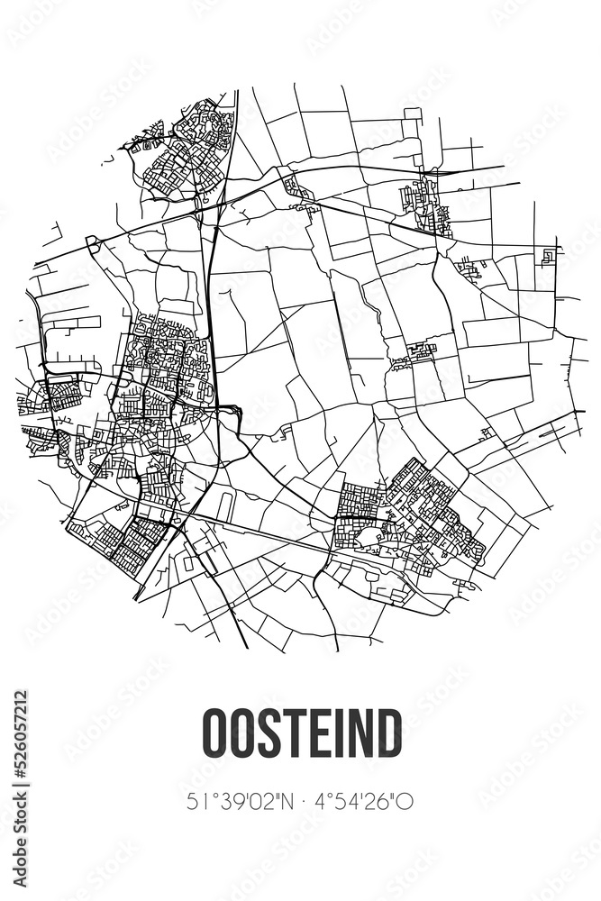 Abstract street map of Oosteind located in Noord-Brabant municipality of Oosterhout. City map with lines