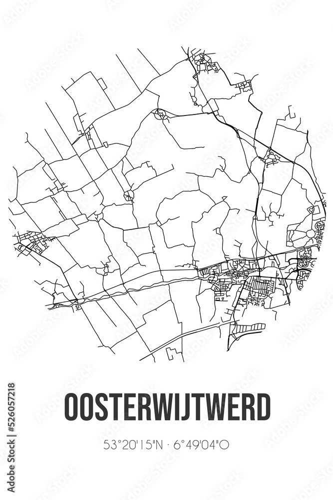 Abstract street map of Oosterwijtwerd located in Groningen municipality of Loppersum. City map with lines