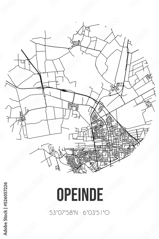 Abstract street map of Opeinde located in Fryslan municipality of Smallingerland. City map with lines