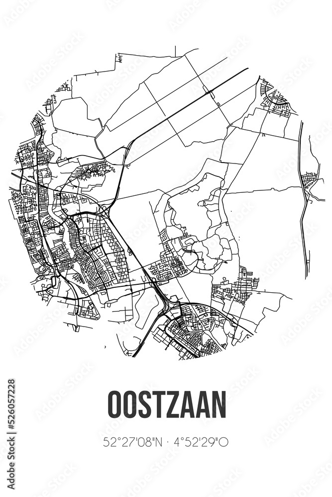 Abstract street map of Oostzaan located in Noord-Holland municipality of Oostzaan. City map with lines