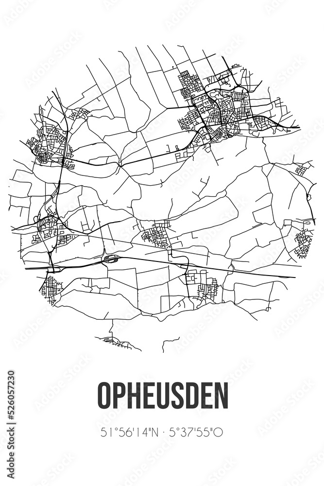 Abstract street map of Opheusden located in Gelderland municipality of Neder-Betuwe. City map with lines