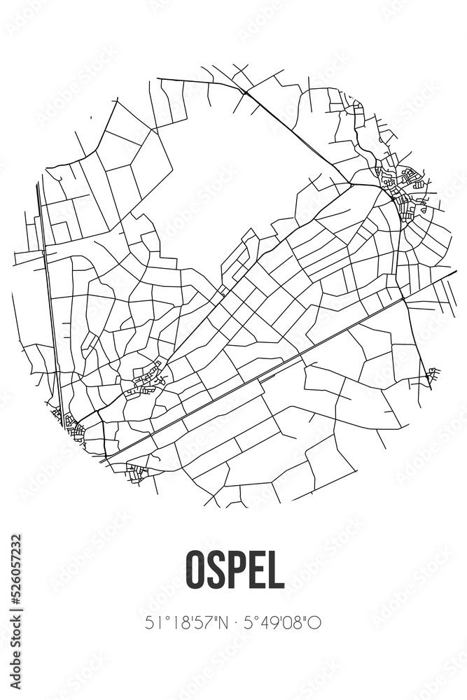 Abstract street map of Ospel located in Limburg municipality of Nederweert. City map with lines