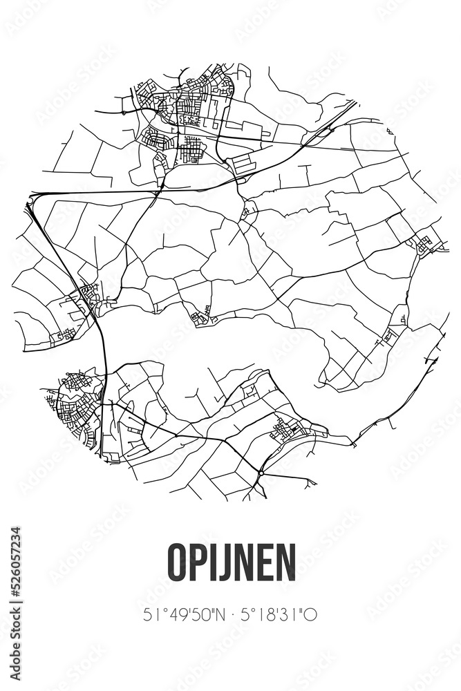 Abstract street map of Opijnen located in Gelderland municipality of West Betuwe. City map with lines