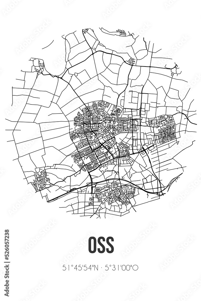 Abstract street map of Oss located in Noord-Brabant municipality of Oss. City map with lines