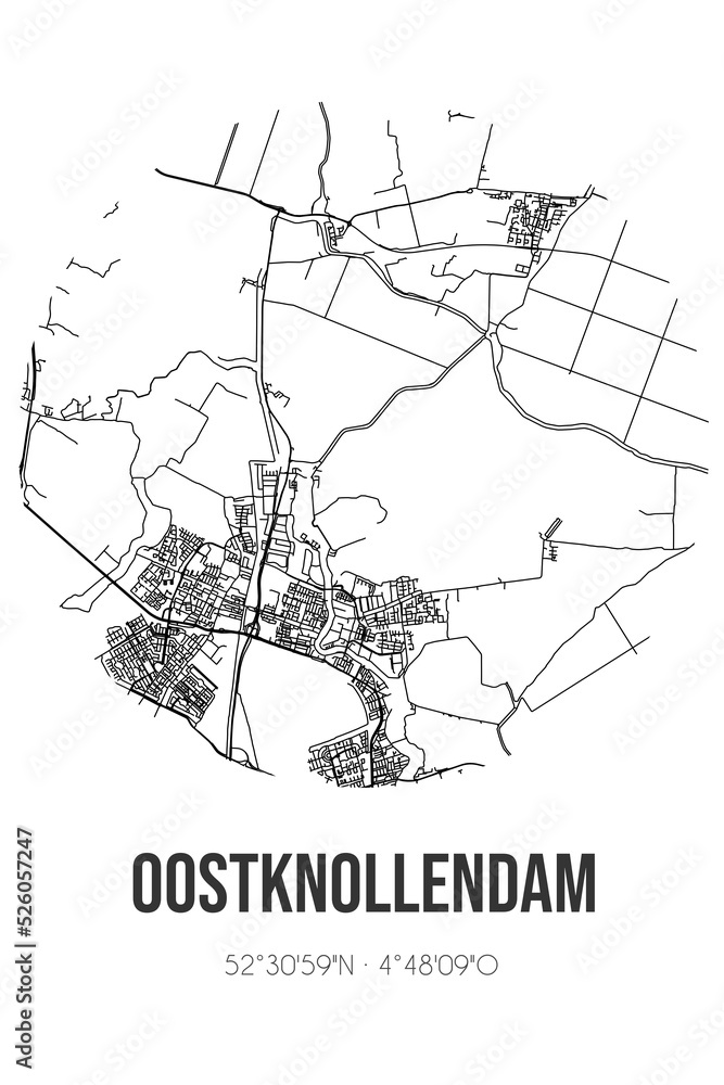 Abstract street map of Oostknollendam located in Noord-Holland municipality of Wormerland. City map with lines