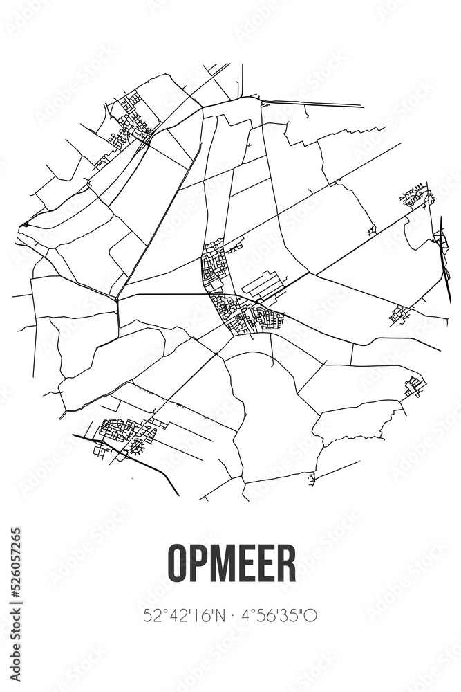 Abstract street map of Opmeer located in Noord-Holland municipality of Opmeer. City map with lines Abstract street map of Opmeer located in Noord-Holland municipality of Opmeer. City map with lines