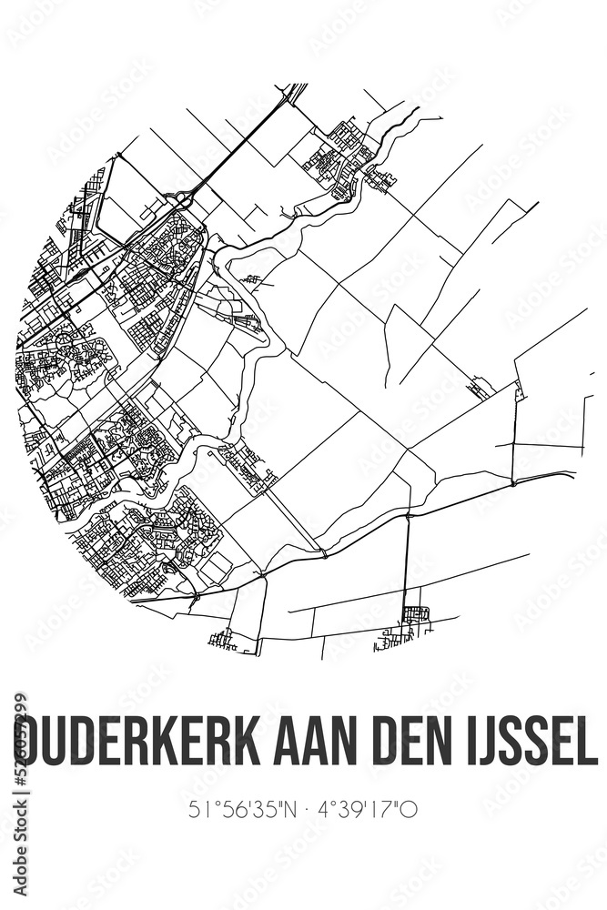 Abstract street map of Ouderkerk aan den IJssel located in Zuid-Holland municipality of Krimpenerwaard. City map with lines