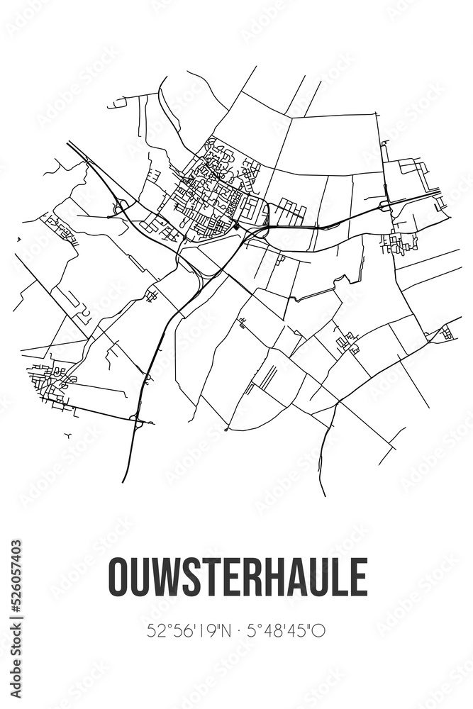 Abstract street map of Ouwsterhaule located in Fryslan municipality of De Fryske Marren. City map with lines