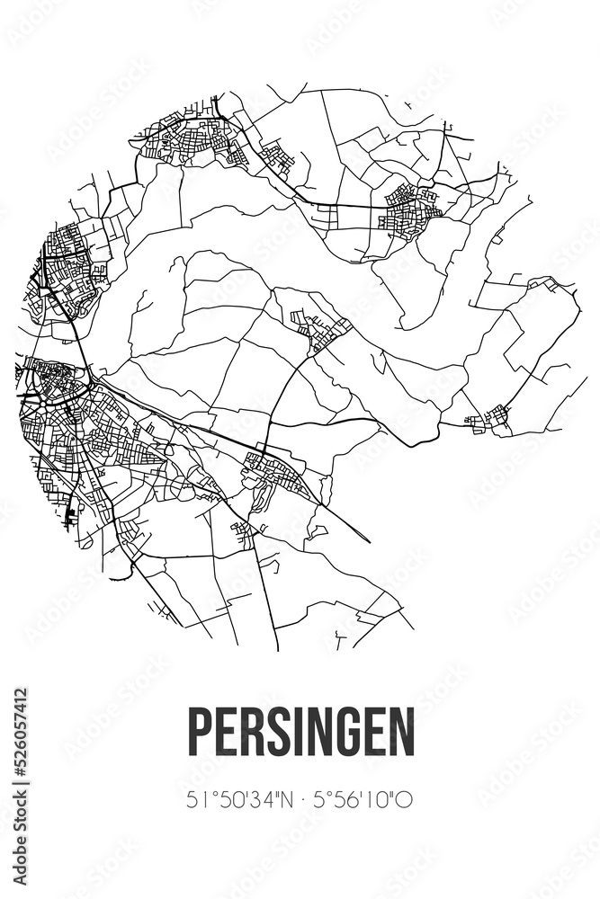 Abstract street map of Persingen located in Gelderland municipality of Berg en Dal. City map with lines