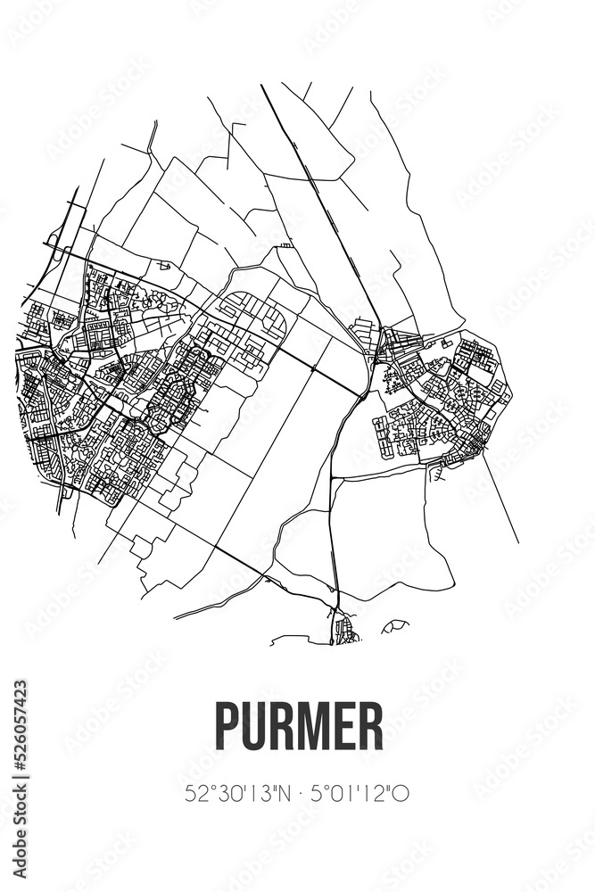 Abstract street map of Purmer located in Noord-Holland municipality of ...