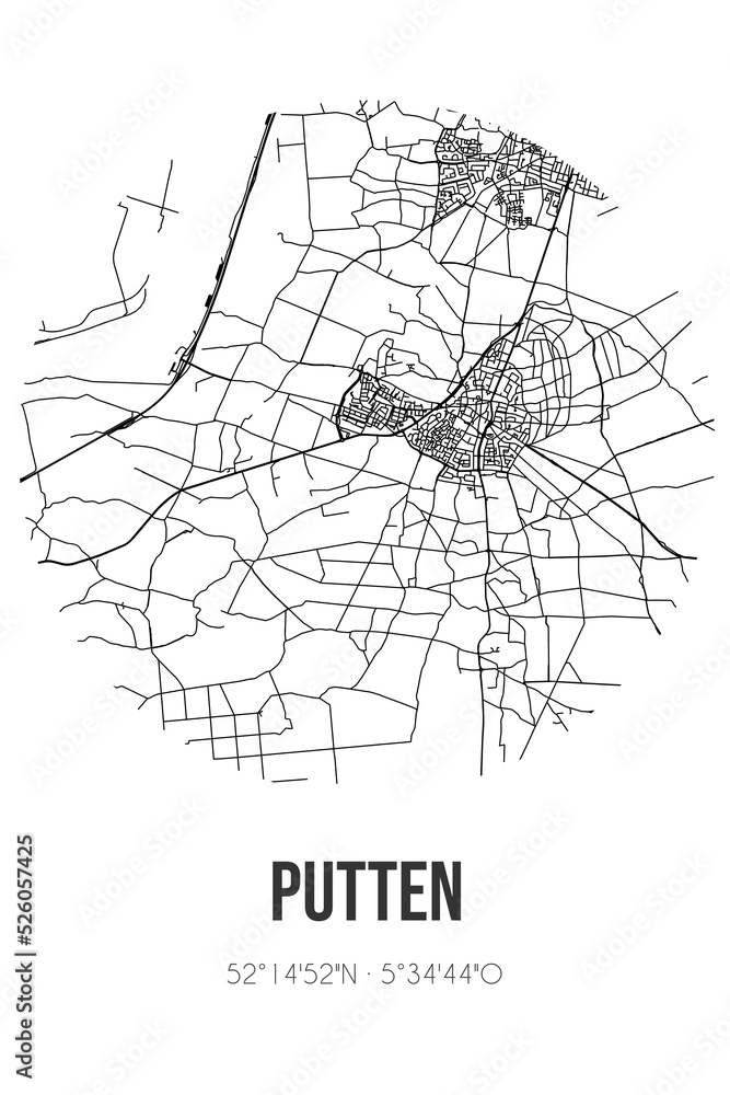 Abstract street map of Putten located in Gelderland municipality of Putten. City map with lines