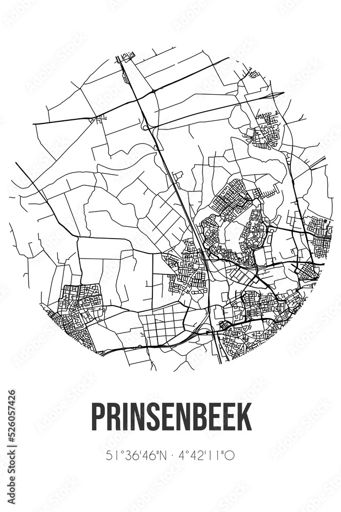 Abstract street map of Prinsenbeek located in Noord-Brabant municipality of Breda. City map with lines