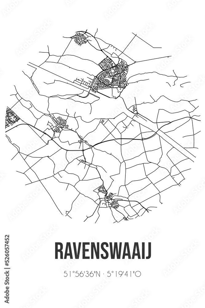 Abstract street map of Ravenswaaij located in Gelderland municipality of Buren. City map with lines