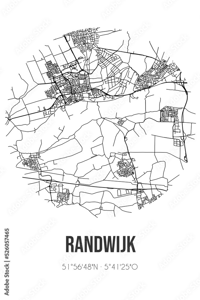 Abstract street map of Randwijk located in Gelderland municipality of Overbetuwe. City map with lines