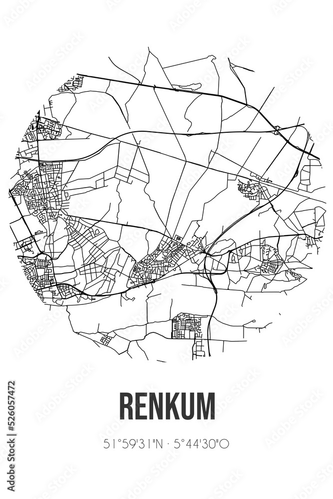 Abstract street map of Renkum located in Gelderland municipality of Renkum. City map with lines
