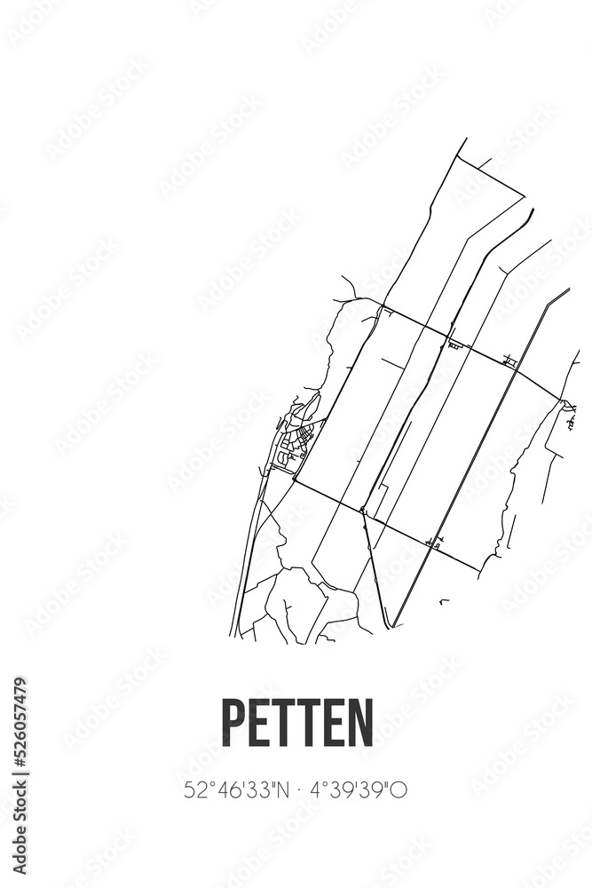 Abstract street map of Petten located in Noord-Holland municipality of Schagen. City map with lines