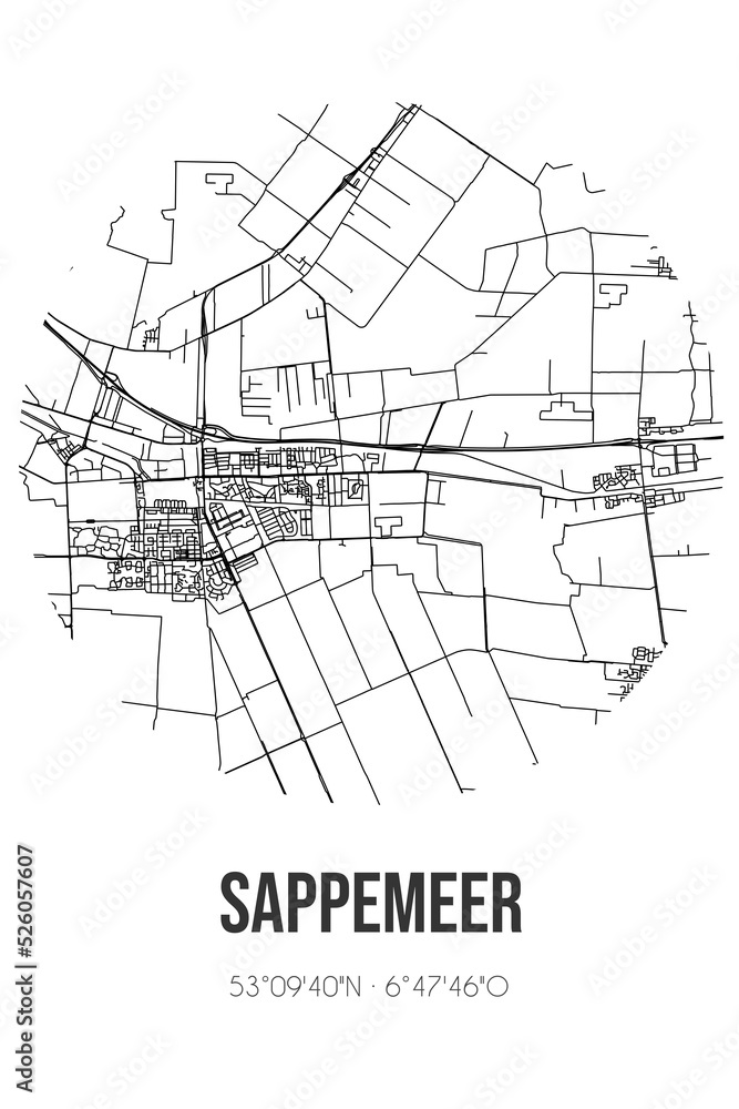 Abstract street map of Sappemeer located in Groningen municipality of Midden-Groningen. City map with lines