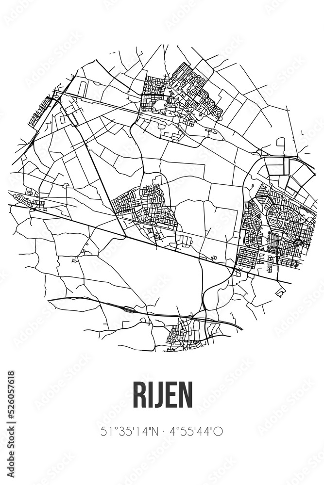 Abstract street map of Rijen located in Noord-Brabant municipality of Gilze en Rijen. City map with lines